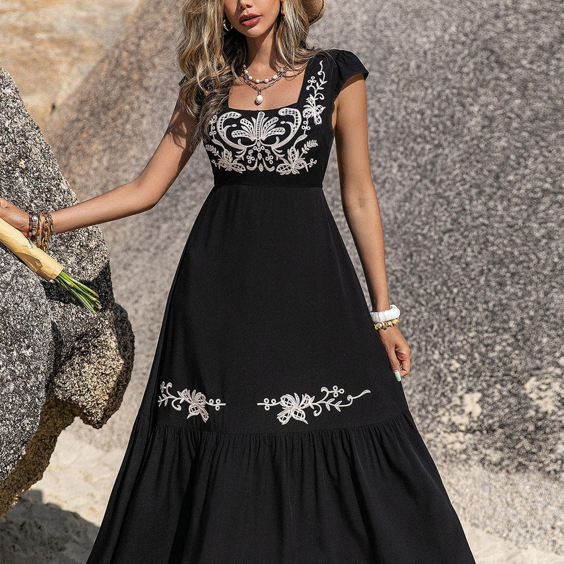 Embroidered Square Neck Ruffle Hem Dress-Krush Kandy, Women's Online Fashion Boutique Located in Phoenix, Arizona (Scottsdale Area)