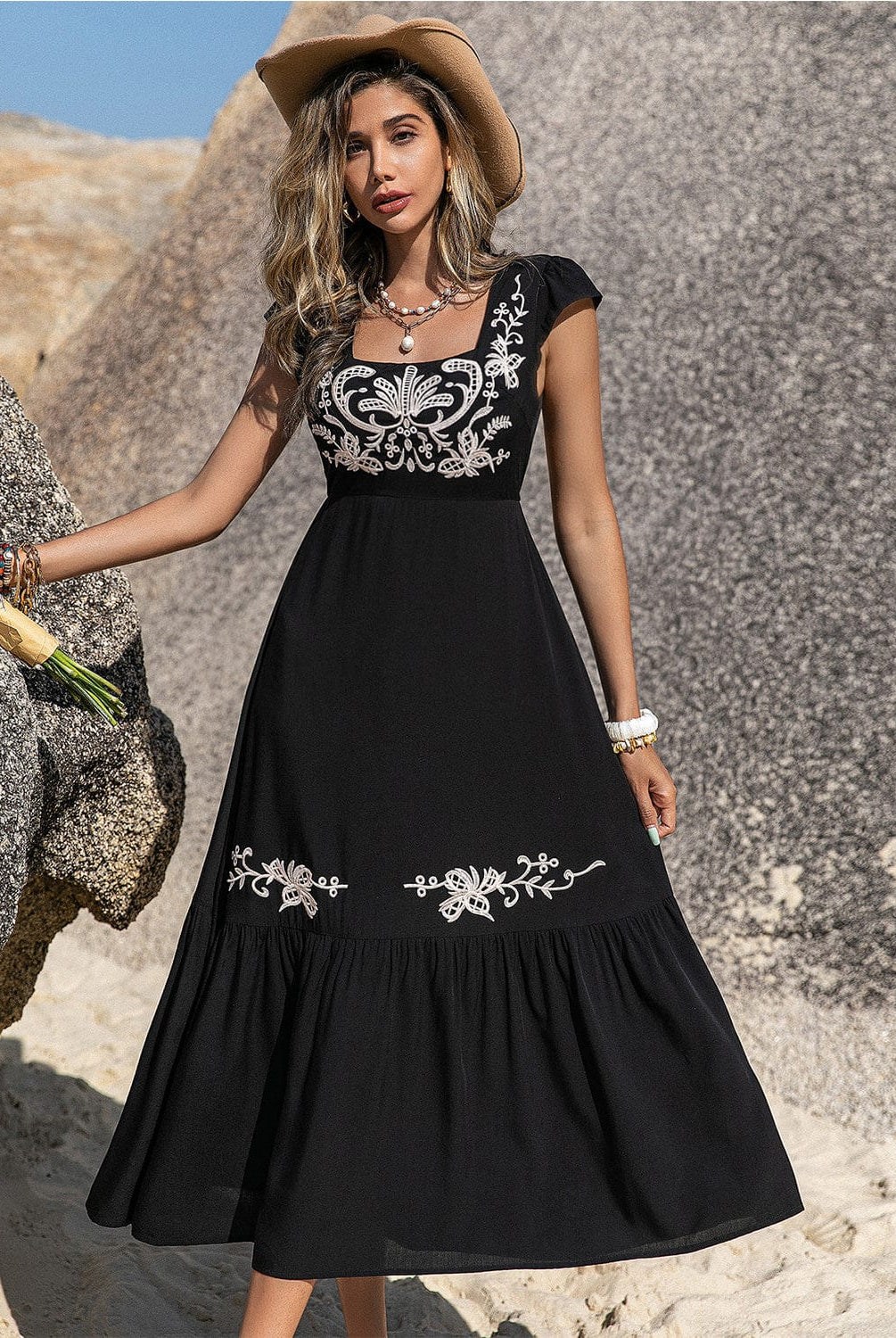 Embroidered Square Neck Ruffle Hem Dress-Krush Kandy, Women's Online Fashion Boutique Located in Phoenix, Arizona (Scottsdale Area)