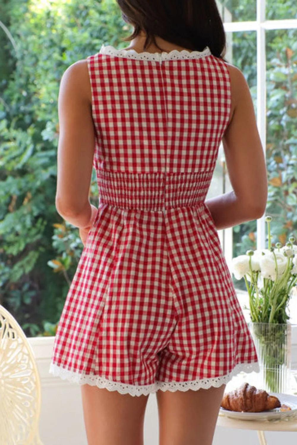 Lace Detail Plaid Sleeveless Romper-Tops-Krush Kandy, Women's Online Fashion Boutique Located in Phoenix, Arizona (Scottsdale Area)