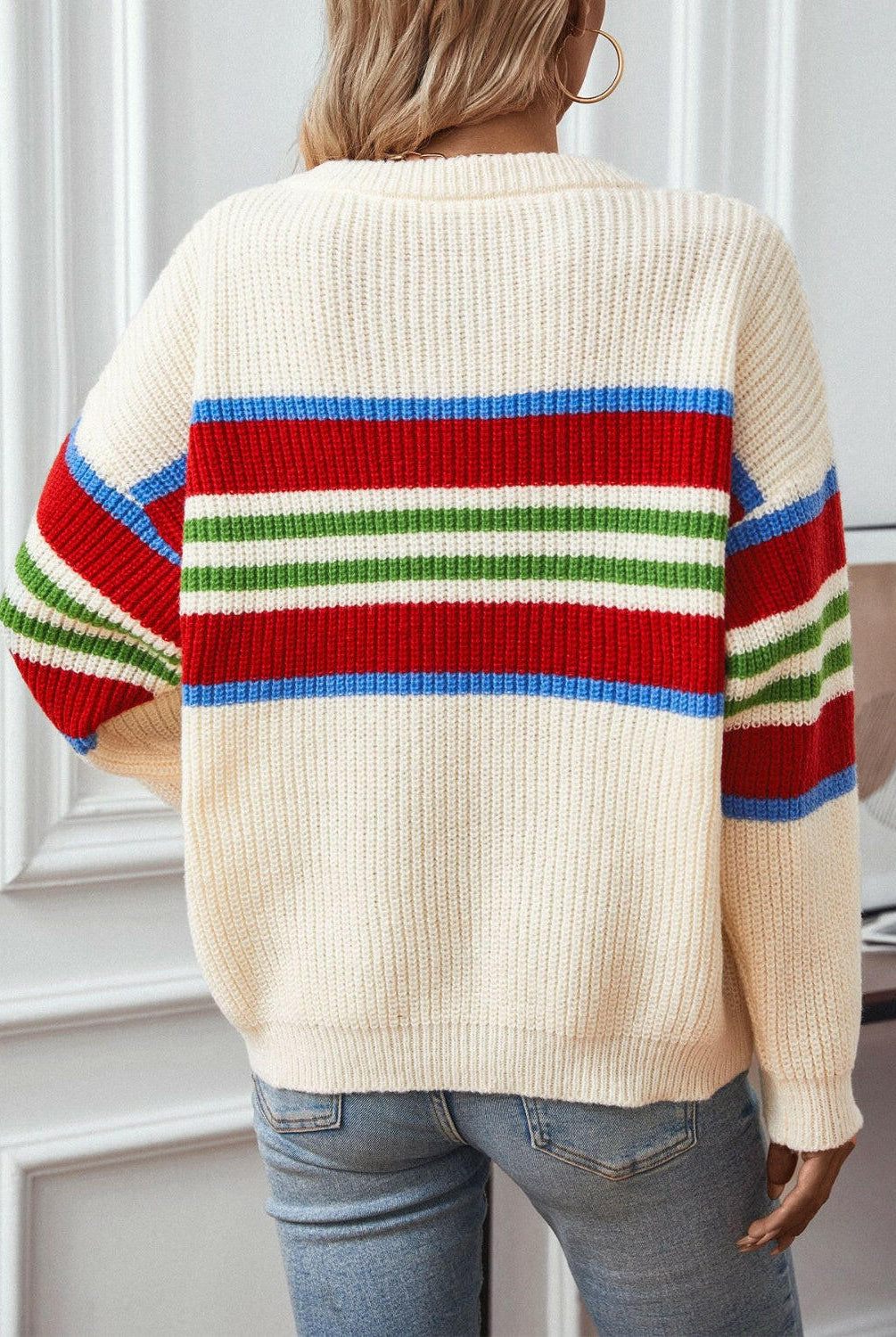 Contrast Stripes Round Neck Long Sleeve Sweater-Krush Kandy, Women's Online Fashion Boutique Located in Phoenix, Arizona (Scottsdale Area)