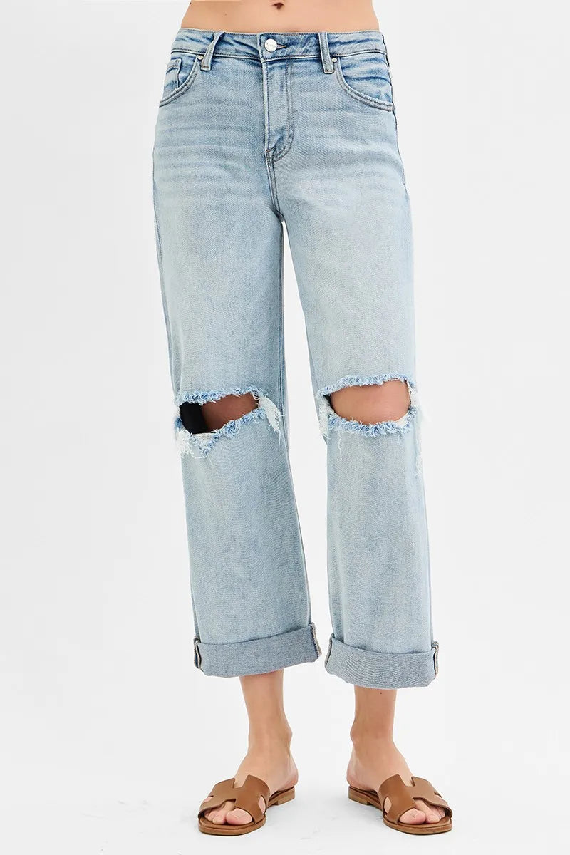 RISEN Full Size Mid Rise Fit Boyfriend Jeans with Cuff Plus Size-Denim-Krush Kandy, Women's Online Fashion Boutique Located in Phoenix, Arizona (Scottsdale Area)