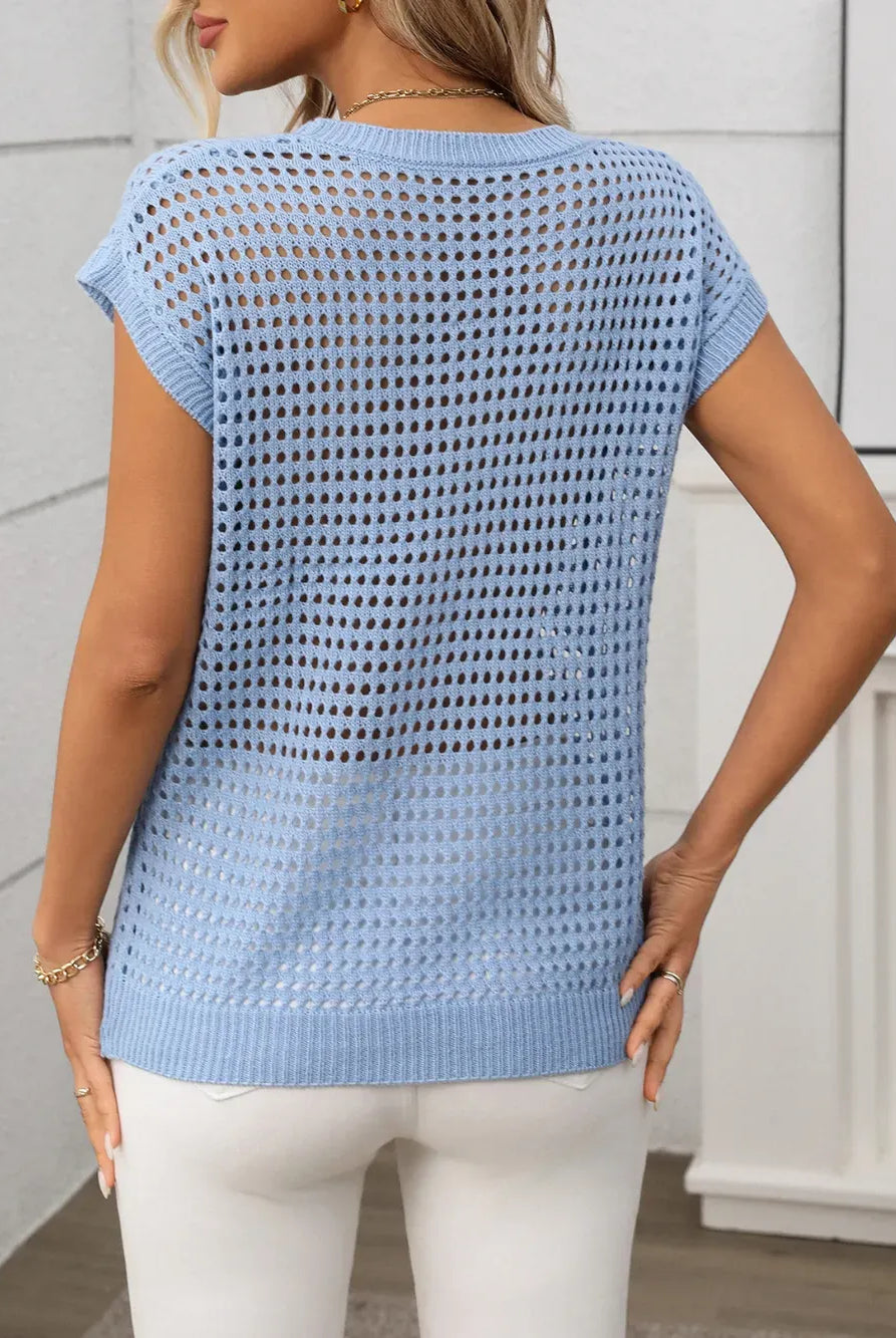 Openwork Round Neck Short Sleeve Knit Cover Up-Krush Kandy, Women's Online Fashion Boutique Located in Phoenix, Arizona (Scottsdale Area)