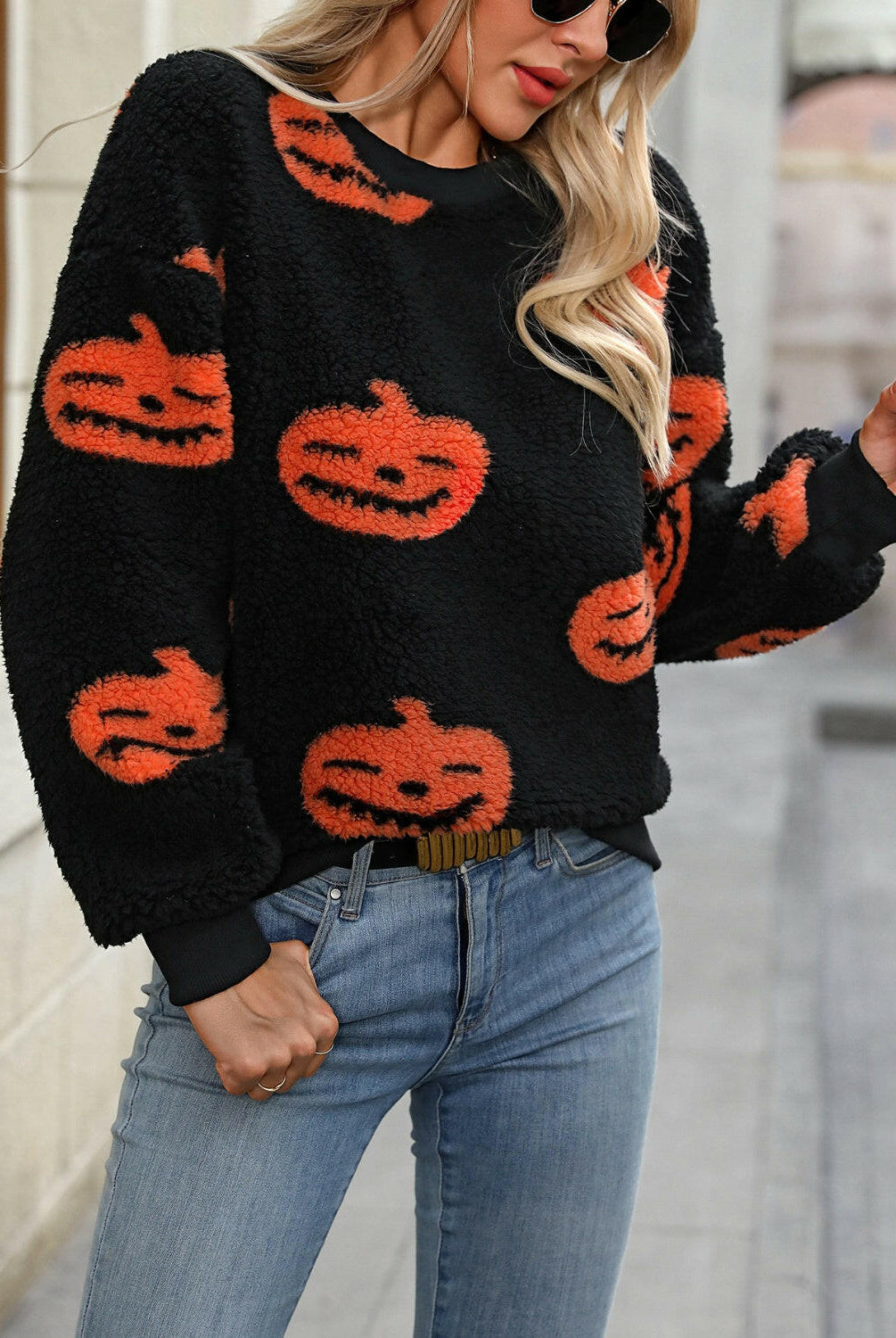 Fuzzy Pumpkin Round Neck Dropped Shoulder Sweater-Krush Kandy, Women's Online Fashion Boutique Located in Phoenix, Arizona (Scottsdale Area)