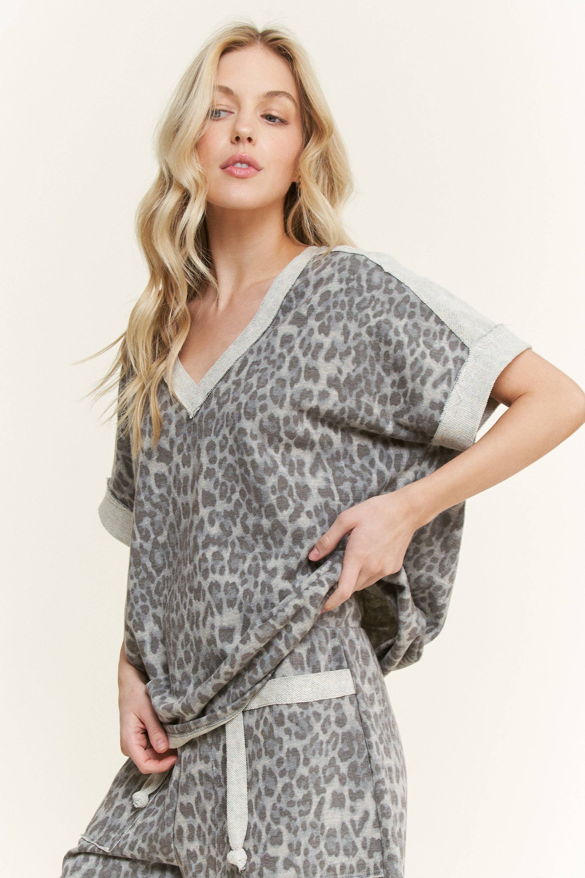 Mineral Washed Leopard Animal Print V-Neck Shirt-Tops-Krush Kandy, Women's Online Fashion Boutique Located in Phoenix, Arizona (Scottsdale Area)