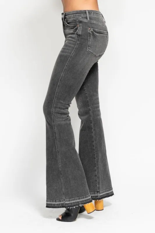Judy Blue Full Size Mid Rise Tummy Control Washed Gray Release Hem Flare Jeans Plus Size-Denim-Krush Kandy, Women's Online Fashion Boutique Located in Phoenix, Arizona (Scottsdale Area)