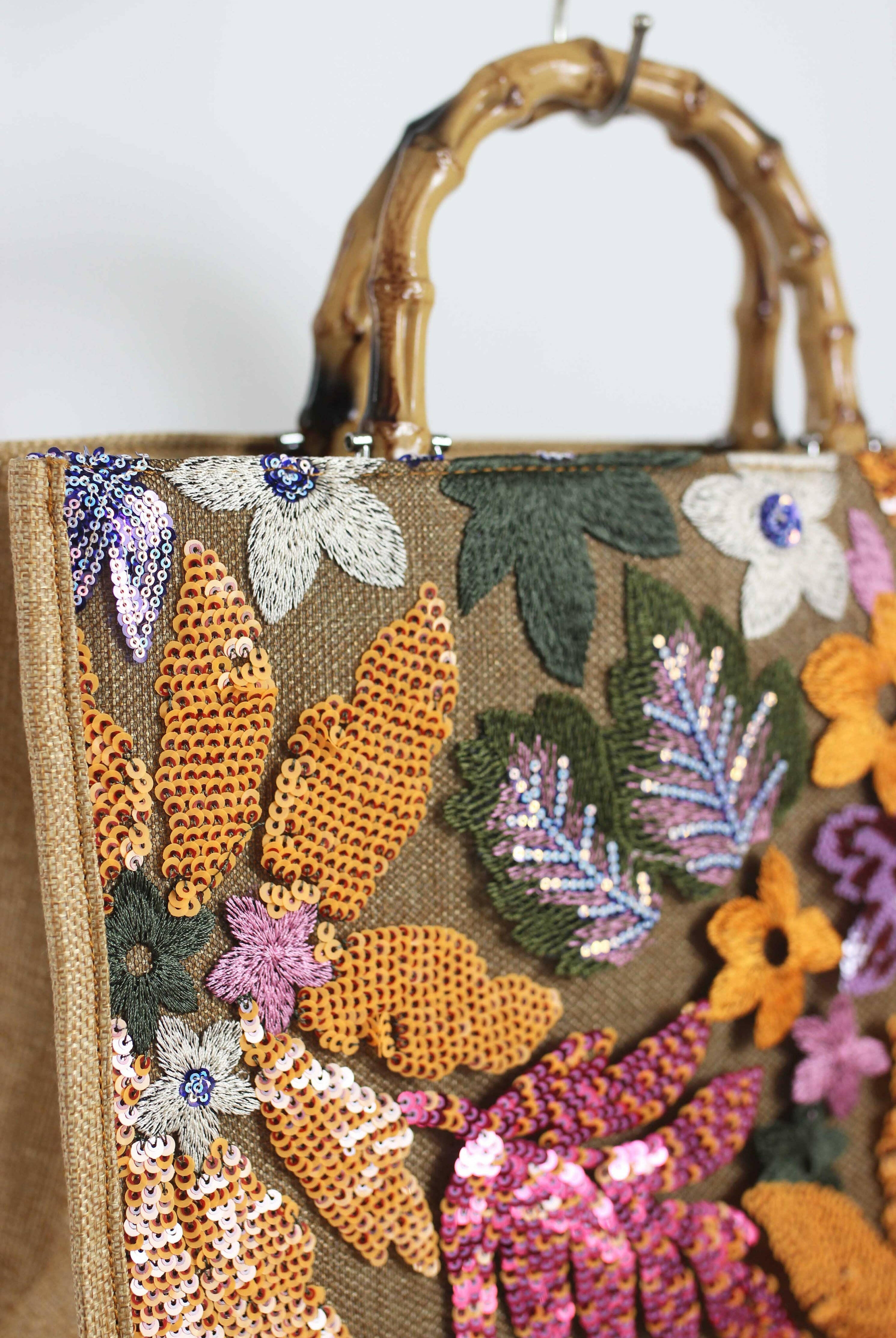 Elegant Burlap Handbag with Floral Embroidery and Bamboo Handle-handbag-Krush Kandy, Women's Online Fashion Boutique Located in Phoenix, Arizona (Scottsdale Area)