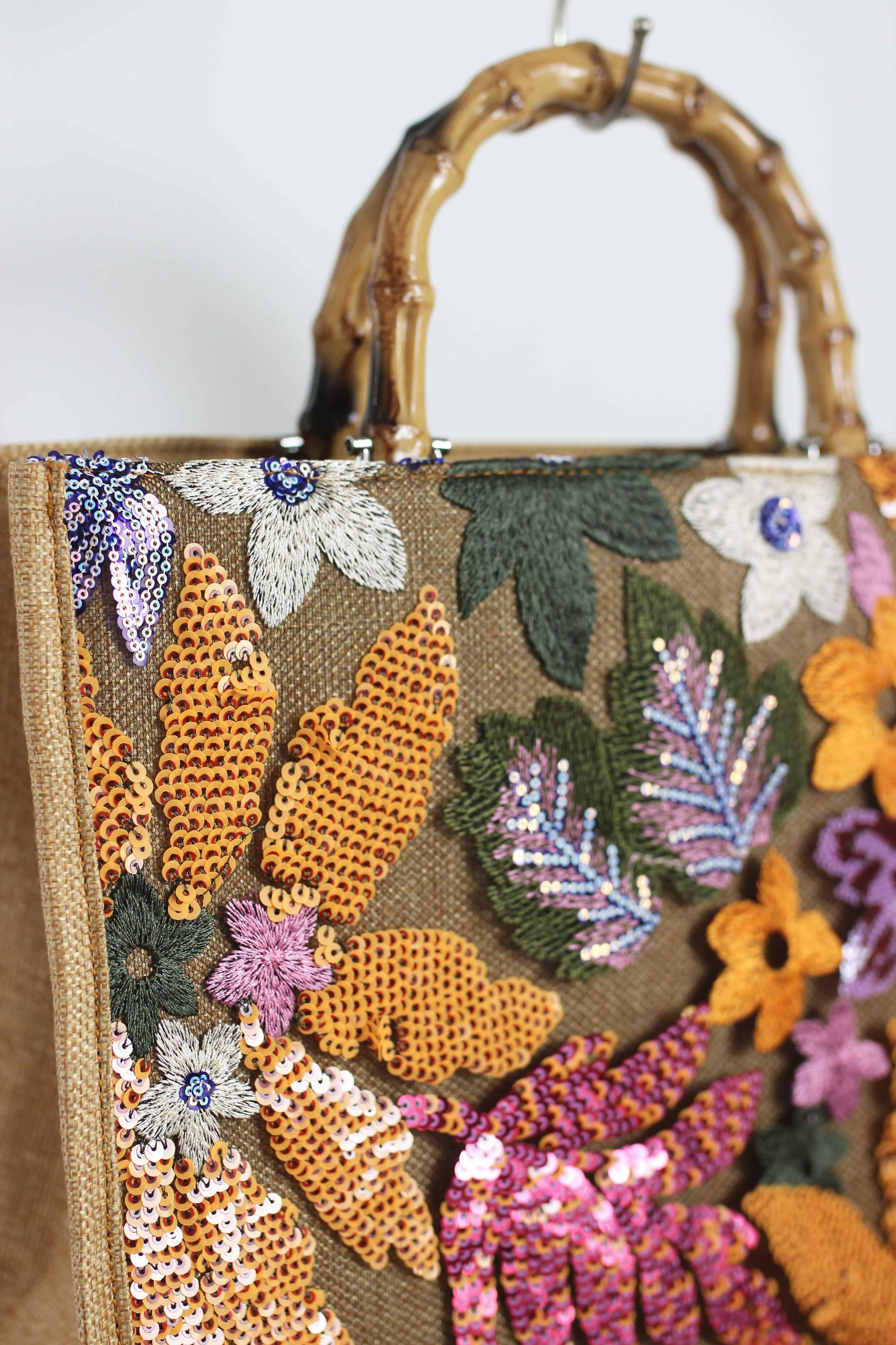 Elegant Burlap Handbag with Floral Embroidery and Bamboo Handle-handbag-Krush Kandy, Women's Online Fashion Boutique Located in Phoenix, Arizona (Scottsdale Area)