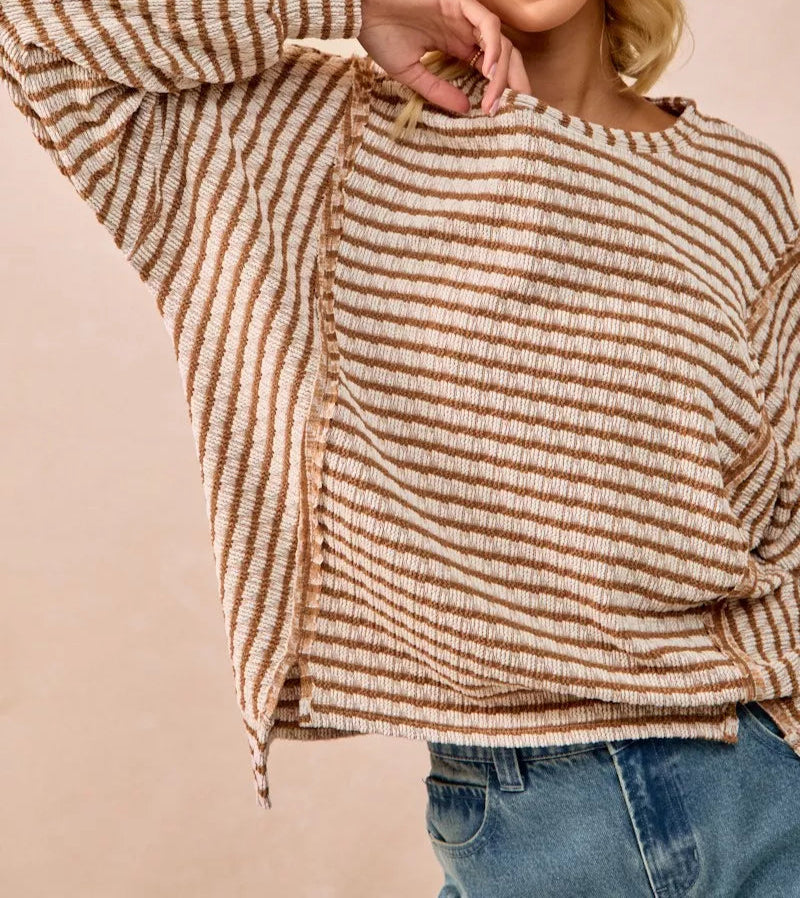 BiBi Open Seam Detail Textured Stripe Knit Top-Sweaters-Krush Kandy, Women's Online Fashion Boutique Located in Phoenix, Arizona (Scottsdale Area)