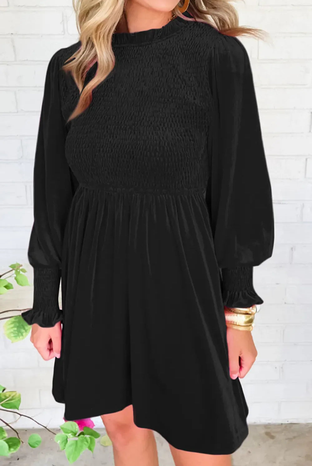 Smocked Round Neck Long Sleeve Dress-Dresses-Krush Kandy, Women's Online Fashion Boutique Located in Phoenix, Arizona (Scottsdale Area)