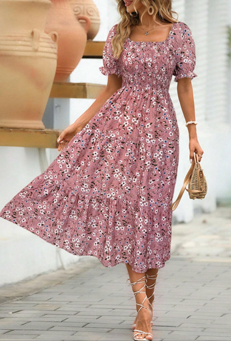 Floral Tiered Puff Sleeve Midi Dress-Dresses-Krush Kandy, Women's Online Fashion Boutique Located in Phoenix, Arizona (Scottsdale Area)