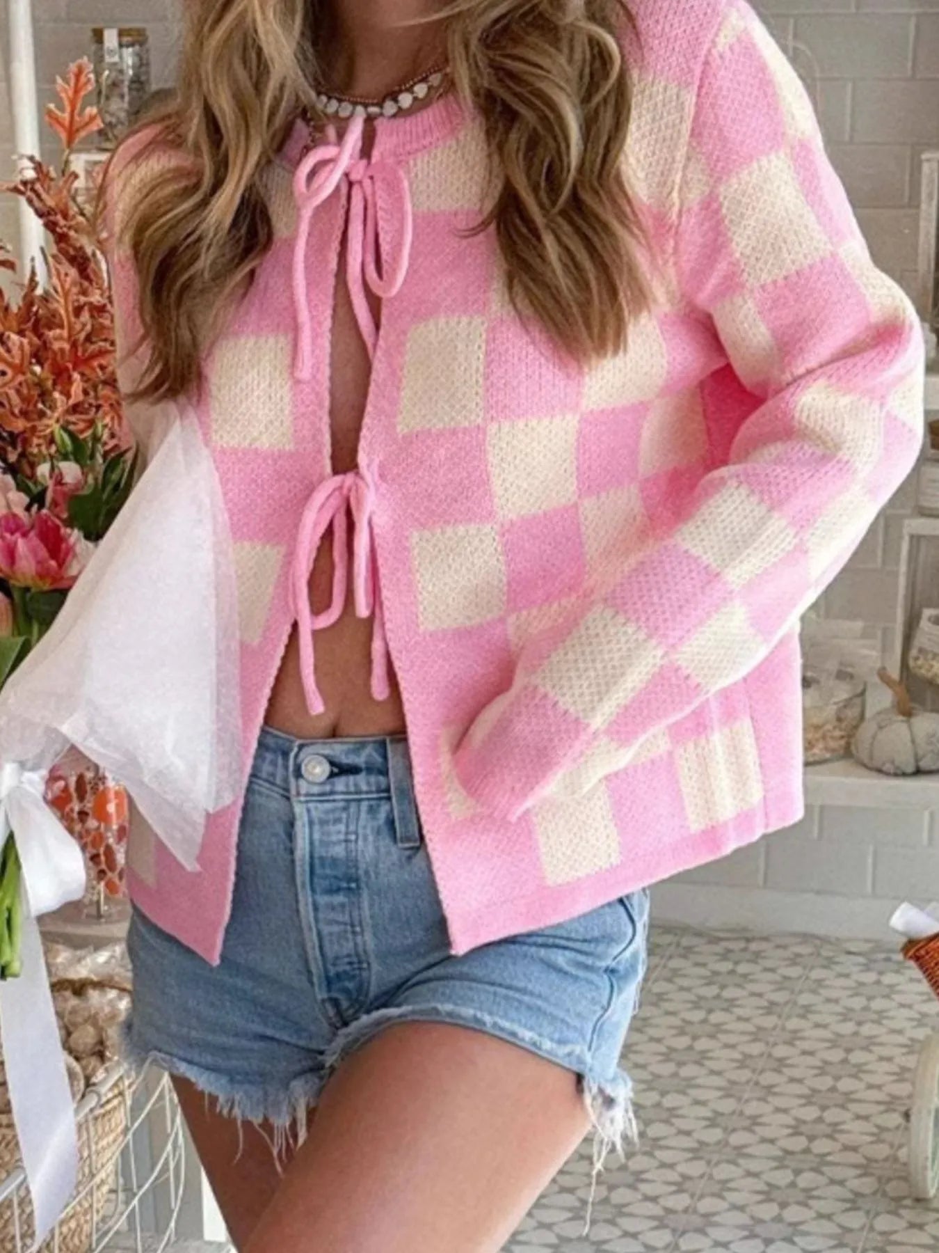 Checkered Tie-Front Cropped Cardigan-Cardigan-Krush Kandy, Women's Online Fashion Boutique Located in Phoenix, Arizona (Scottsdale Area)