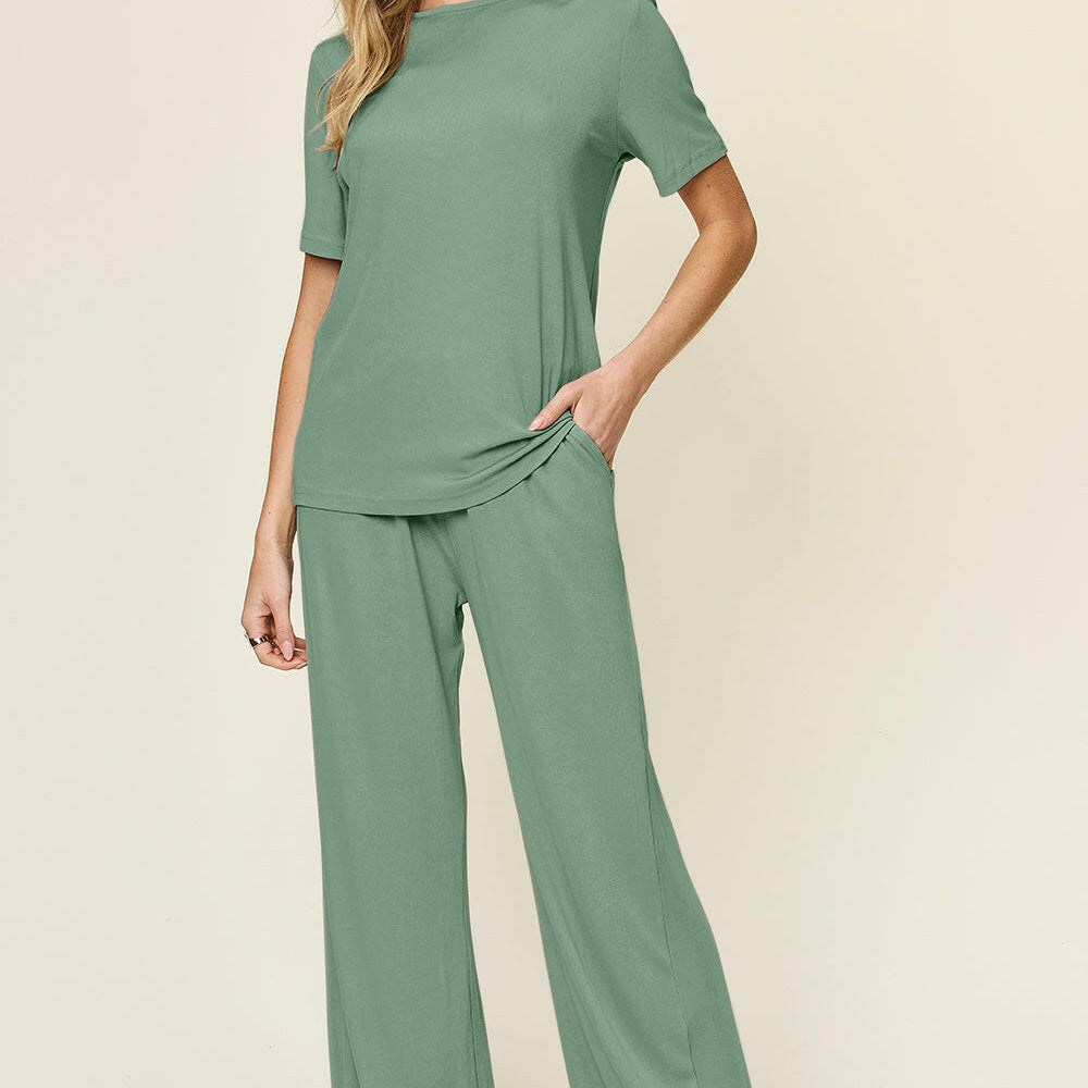 Double Take Full Size Round Neck Short Sleeve T-Shirt and Wide Leg Pants Set-Krush Kandy, Women's Online Fashion Boutique Located in Phoenix, Arizona (Scottsdale Area)