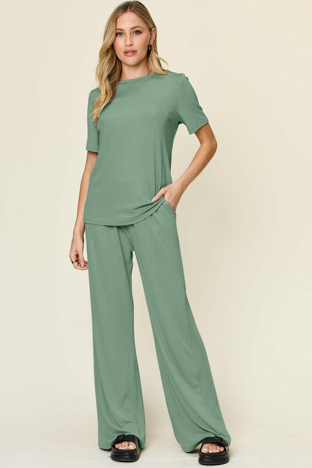 Double Take Full Size Round Neck Short Sleeve T-Shirt and Wide Leg Pants Set-Krush Kandy, Women's Online Fashion Boutique Located in Phoenix, Arizona (Scottsdale Area)