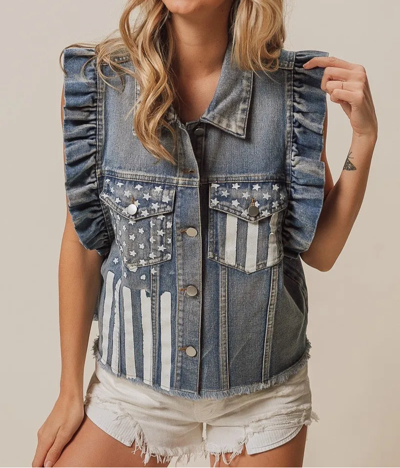BiBi American Flag Washed Denim Jacket-Tops-Krush Kandy, Women's Online Fashion Boutique Located in Phoenix, Arizona (Scottsdale Area)