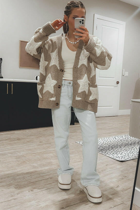 Starry Comfort: Sherpa Accent Star Oversized Cardigan-Cardigans-Krush Kandy, Women's Online Fashion Boutique Located in Phoenix, Arizona (Scottsdale Area)