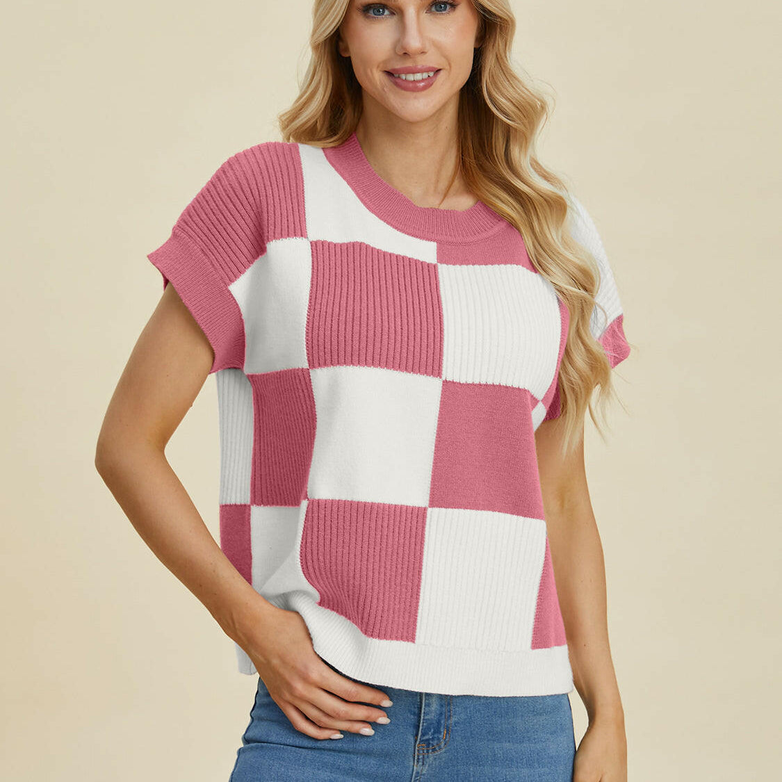 Double Take Full Size Checkered Round Neck Short Sleeve Sweater-Tops-Krush Kandy, Women's Online Fashion Boutique Located in Phoenix, Arizona (Scottsdale Area)