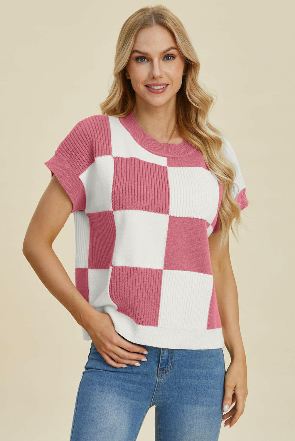Double Take Full Size Checkered Round Neck Short Sleeve Sweater-Tops-Krush Kandy, Women's Online Fashion Boutique Located in Phoenix, Arizona (Scottsdale Area)