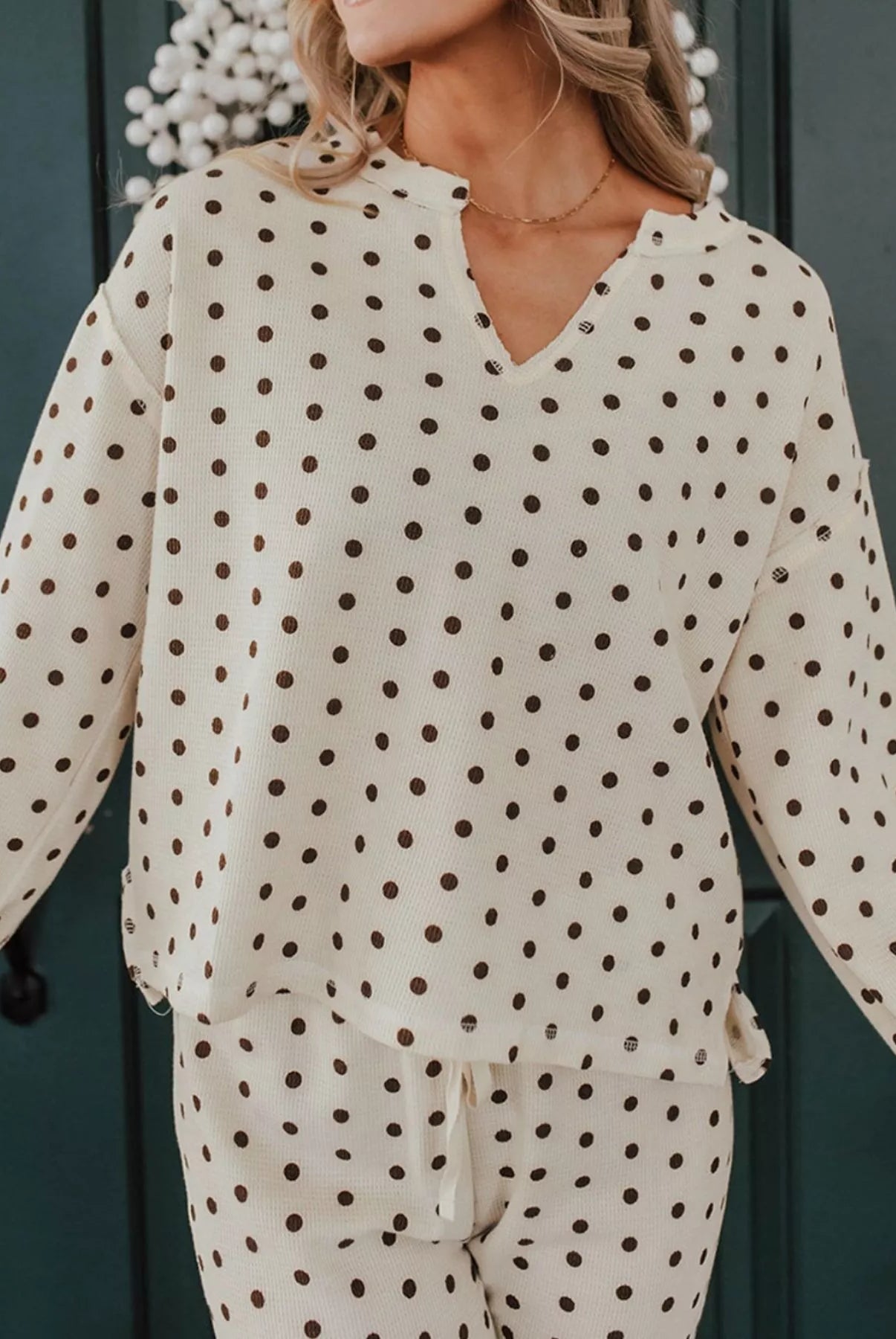 Polka Dot Notched Long Sleeve Top and Drawstring Joggers Lounge Set-Loungewear-Krush Kandy, Women's Online Fashion Boutique Located in Phoenix, Arizona (Scottsdale Area)