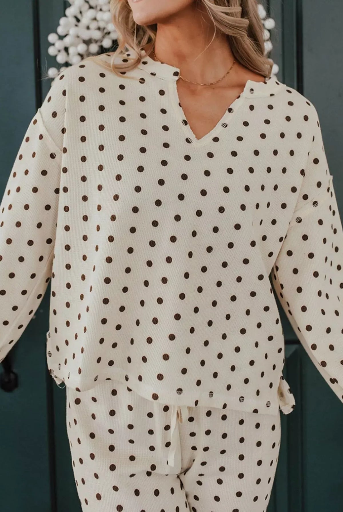 Polka Dot Notched Long Sleeve Top and Drawstring Joggers Lounge Set-Loungewear-Krush Kandy, Women's Online Fashion Boutique Located in Phoenix, Arizona (Scottsdale Area)