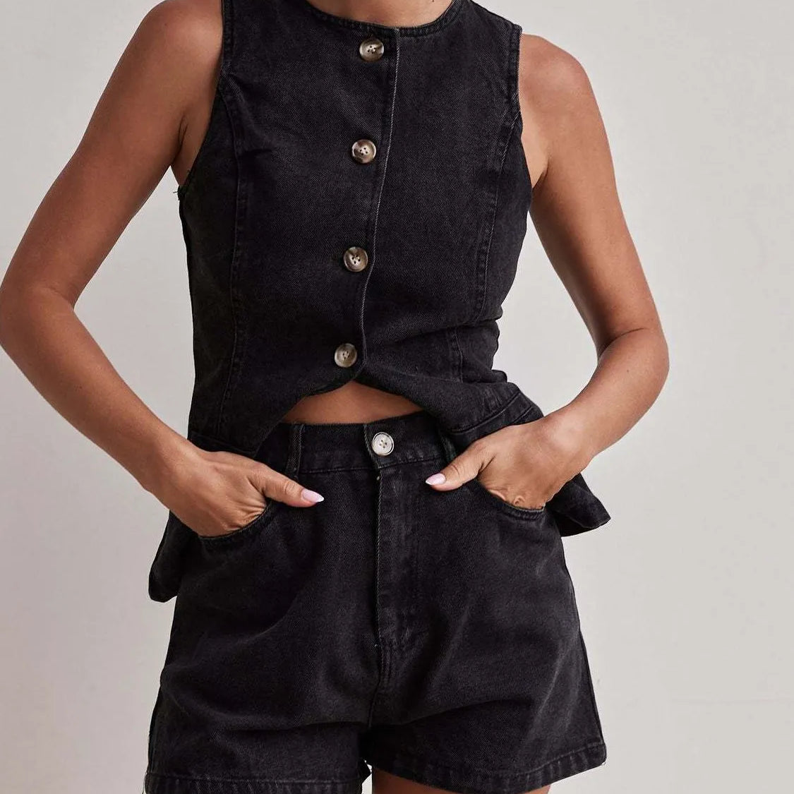 Button Down Vest and Shorts Denim Set-2 Piece Outfit Sets-Krush Kandy, Women's Online Fashion Boutique Located in Phoenix, Arizona (Scottsdale Area)