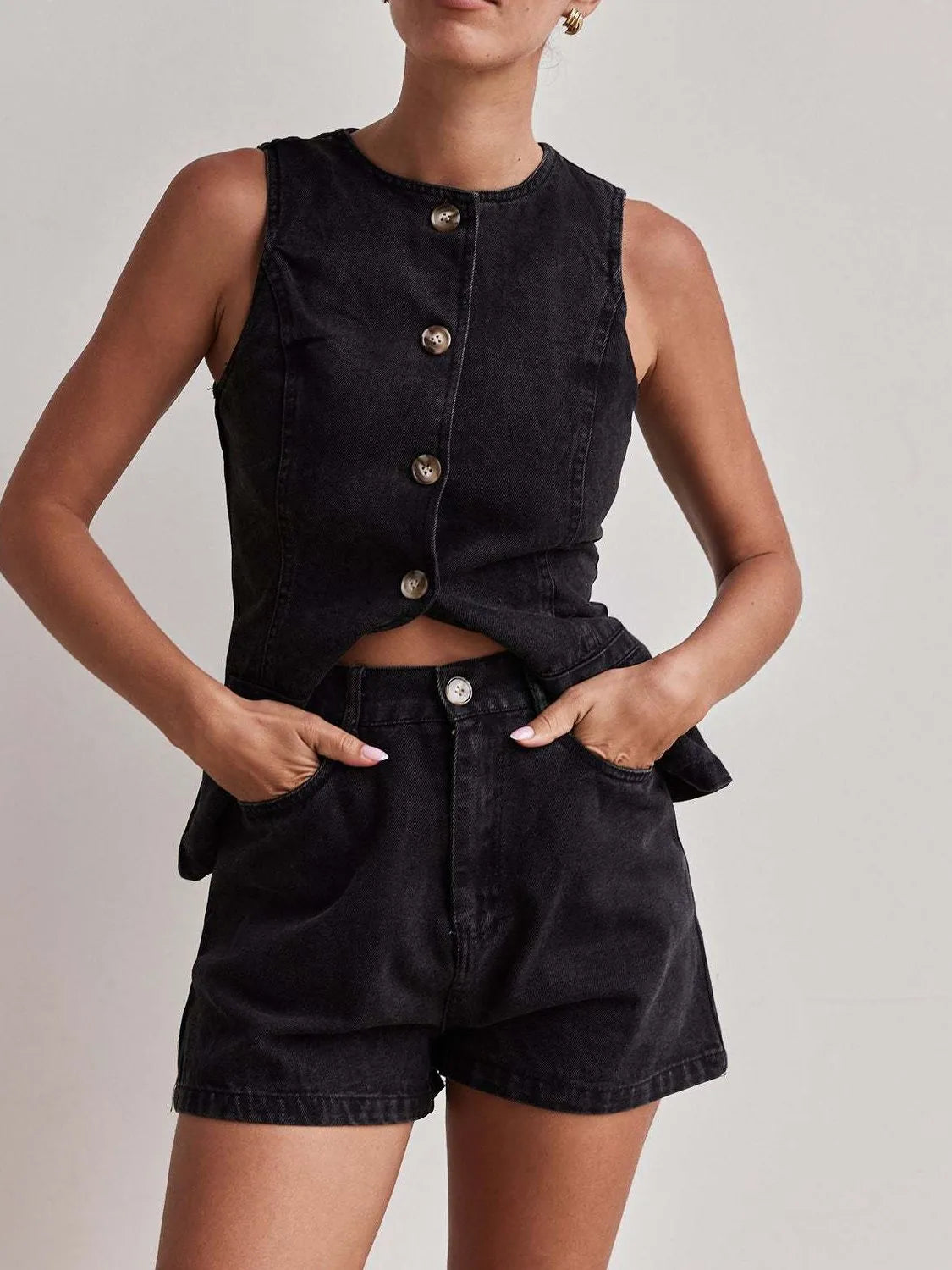 Button Down Vest and Shorts Denim Set-2 Piece Outfit Sets-Krush Kandy, Women's Online Fashion Boutique Located in Phoenix, Arizona (Scottsdale Area)