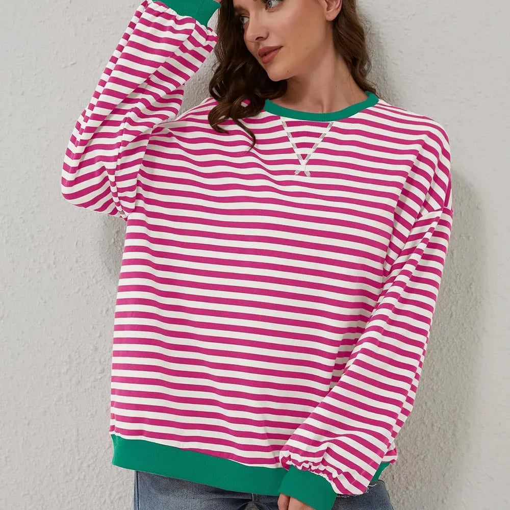 Lovelet Contrast Striped Long Sleeve Sweatshirt-Sweaters-Krush Kandy, Women's Online Fashion Boutique Located in Phoenix, Arizona (Scottsdale Area)
