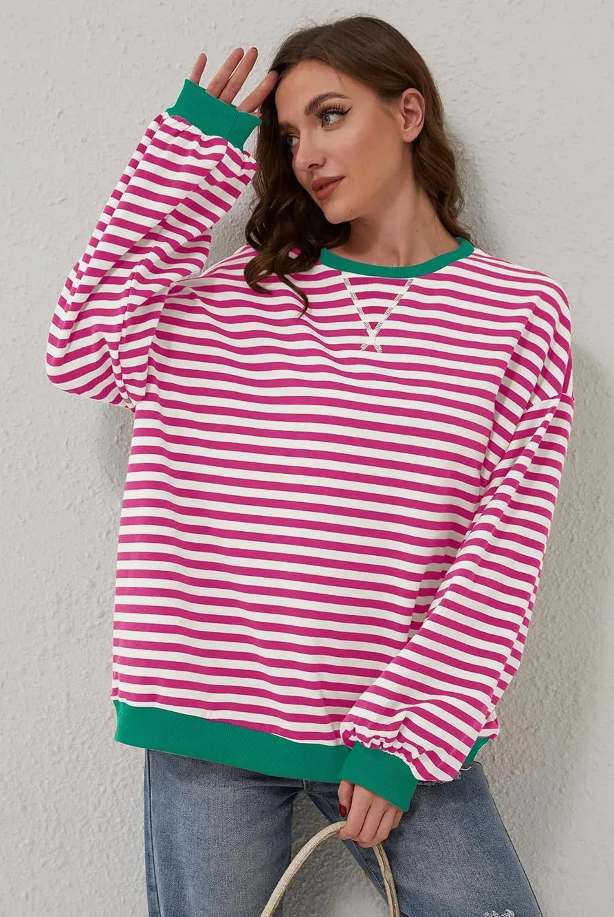 Lovelet Contrast Striped Long Sleeve Sweatshirt-Sweaters-Krush Kandy, Women's Online Fashion Boutique Located in Phoenix, Arizona (Scottsdale Area)