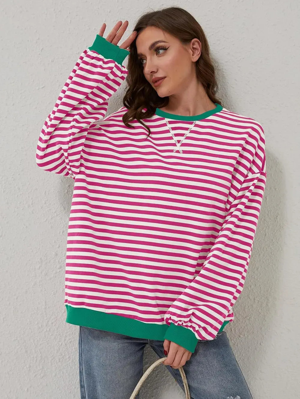Lovelet Contrast Striped Long Sleeve Sweatshirt-Sweaters-Krush Kandy, Women's Online Fashion Boutique Located in Phoenix, Arizona (Scottsdale Area)