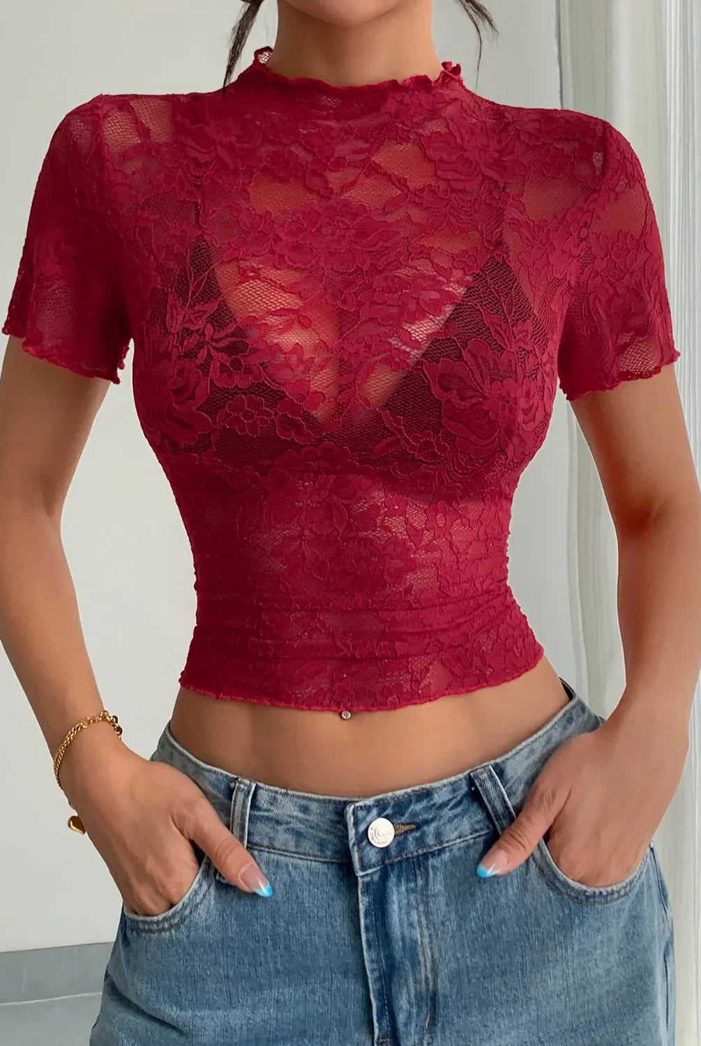 Lace Mock Neck Short Sleeve Top-tops-Krush Kandy, Women's Online Fashion Boutique Located in Phoenix, Arizona (Scottsdale Area)
