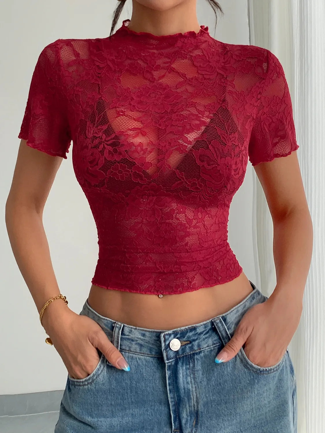 Lace Mock Neck Short Sleeve Top-tops-Krush Kandy, Women's Online Fashion Boutique Located in Phoenix, Arizona (Scottsdale Area)