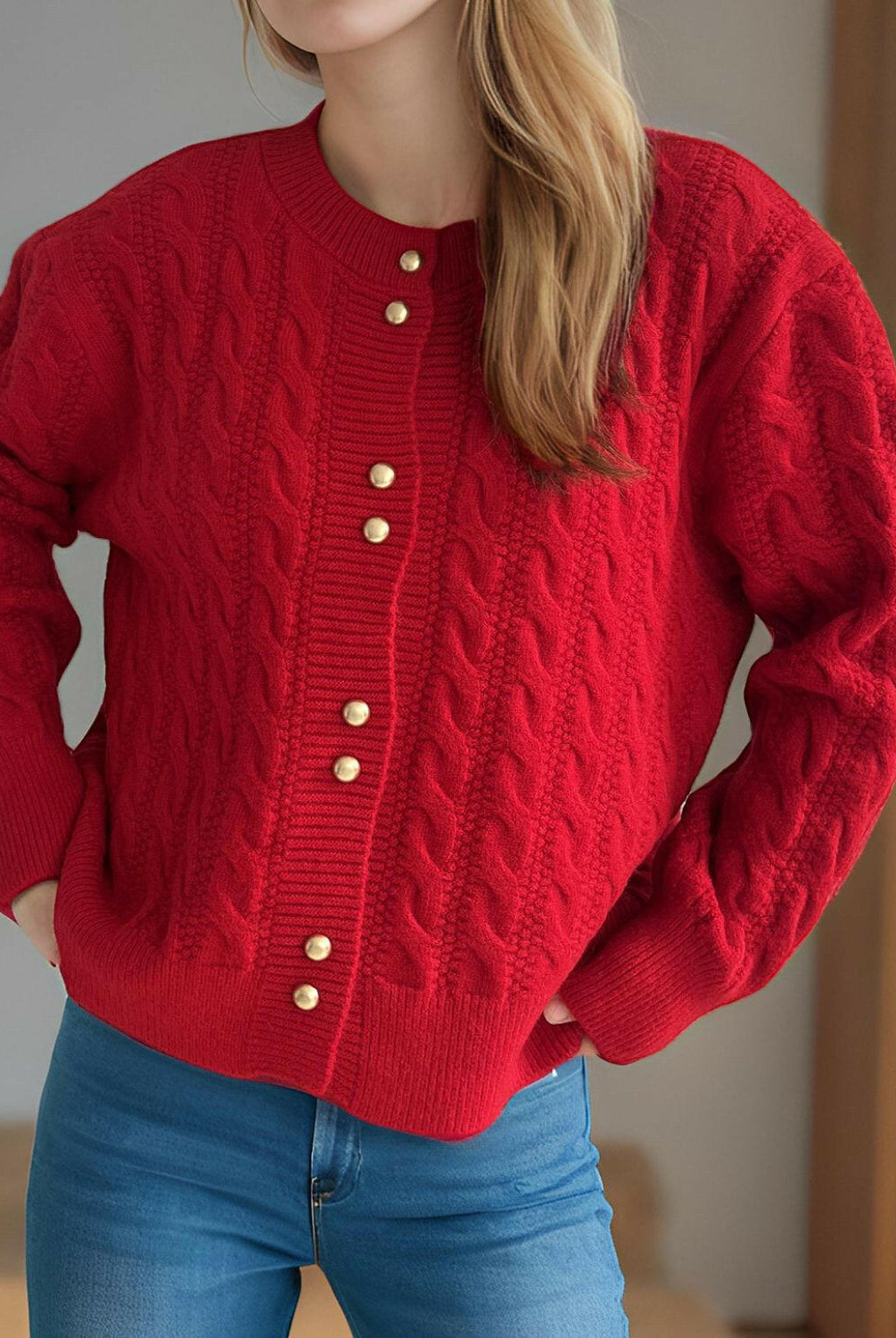 Cable-Knit Round Neck Long Sleeve Cardigan-Cardigans-Krush Kandy, Women's Online Fashion Boutique Located in Phoenix, Arizona (Scottsdale Area)