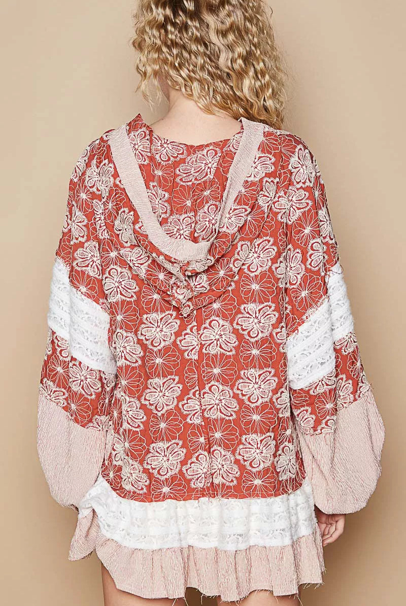 POL Ruffled Hem Floral Pattern Balloon Sleeve Hoodie-Hoodies-Krush Kandy, Women's Online Fashion Boutique Located in Phoenix, Arizona (Scottsdale Area)