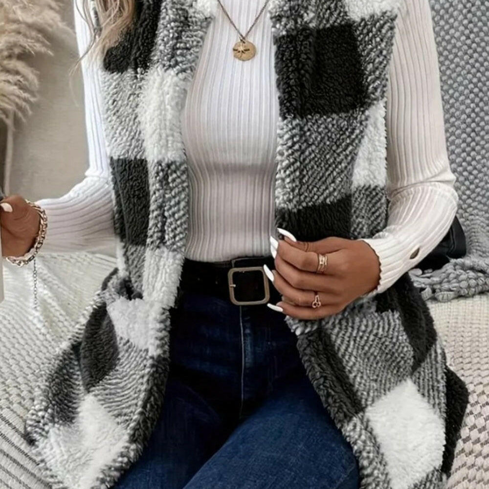Sherpa Plaid Open Front Vest Coat-Krush Kandy, Women's Online Fashion Boutique Located in Phoenix, Arizona (Scottsdale Area)