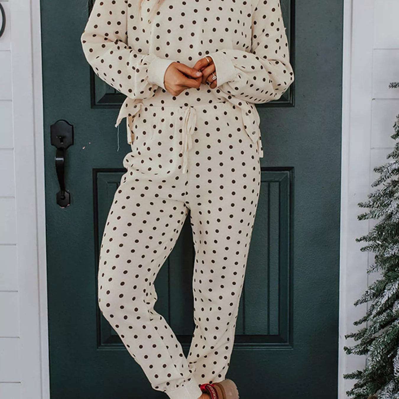 Polka Dot Notched Long Sleeve Top and Drawstring Joggers Lounge Set-Loungewear-Krush Kandy, Women's Online Fashion Boutique Located in Phoenix, Arizona (Scottsdale Area)
