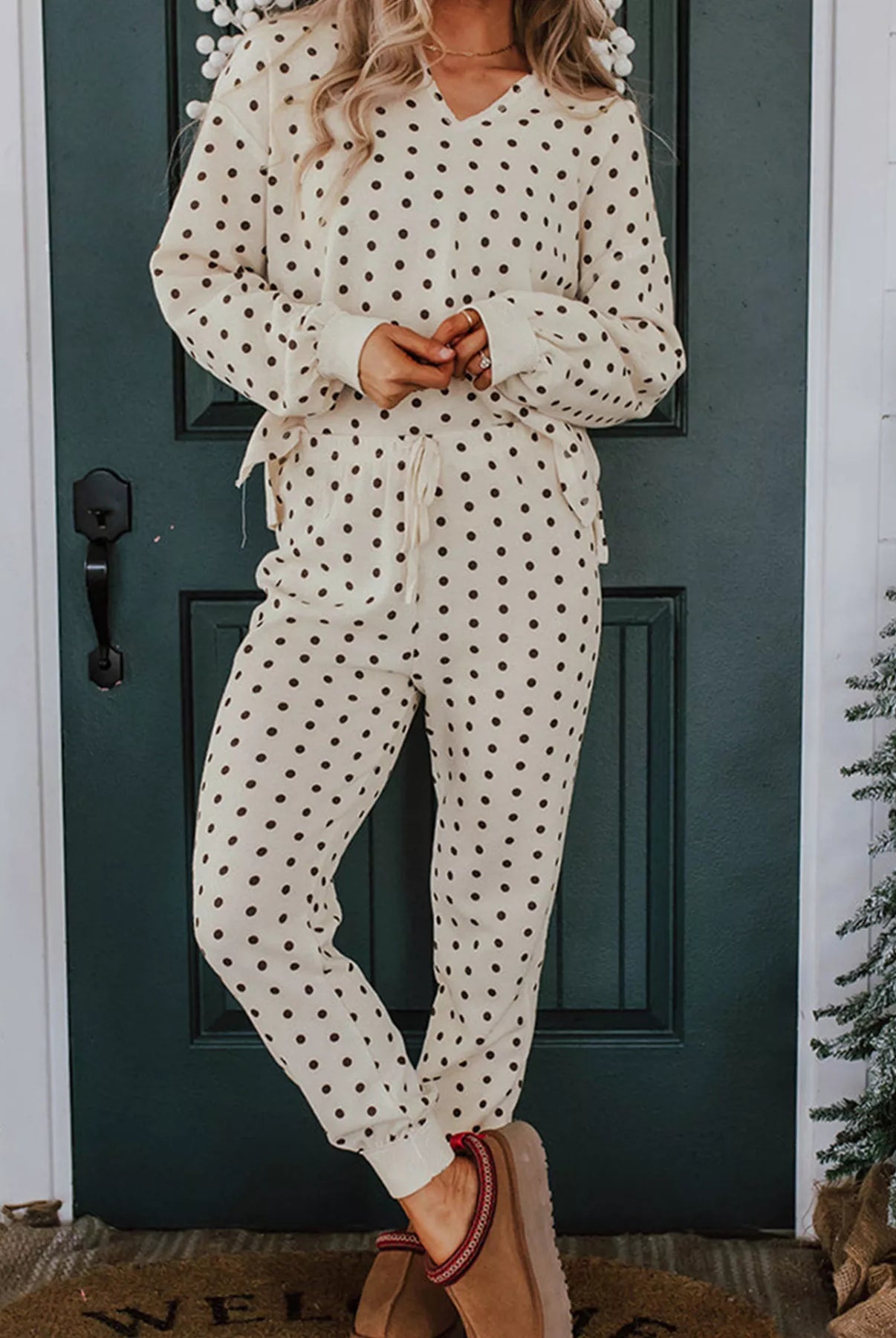 Polka Dot Notched Long Sleeve Top and Drawstring Joggers Lounge Set-Loungewear-Krush Kandy, Women's Online Fashion Boutique Located in Phoenix, Arizona (Scottsdale Area)