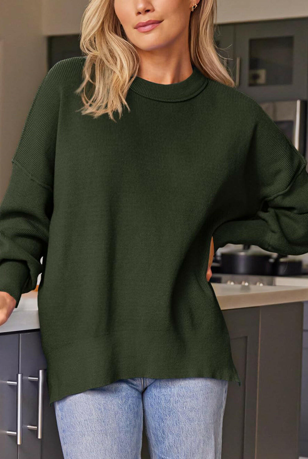 Slit Round Neck Dropped Shoulder Sweater-Krush Kandy, Women's Online Fashion Boutique Located in Phoenix, Arizona (Scottsdale Area)