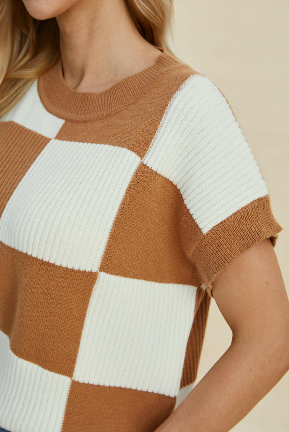 Double Take Full Size Checkered Round Neck Short Sleeve Sweater-Tops-Krush Kandy, Women's Online Fashion Boutique Located in Phoenix, Arizona (Scottsdale Area)