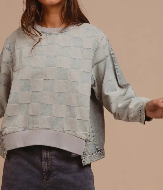 BiBi Mineral Washed Checkered Round Neck Denim Top-Sweater-Krush Kandy, Women's Online Fashion Boutique Located in Phoenix, Arizona (Scottsdale Area)