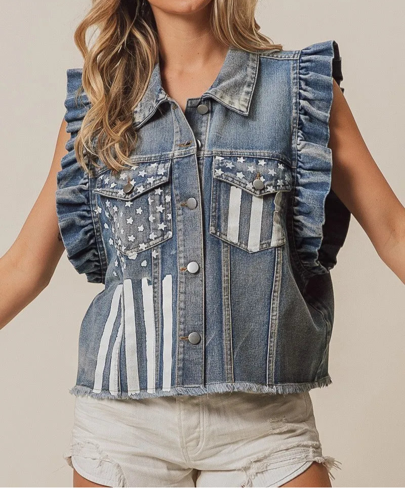 BiBi American Flag Washed Denim Jacket-Tops-Krush Kandy, Women's Online Fashion Boutique Located in Phoenix, Arizona (Scottsdale Area)