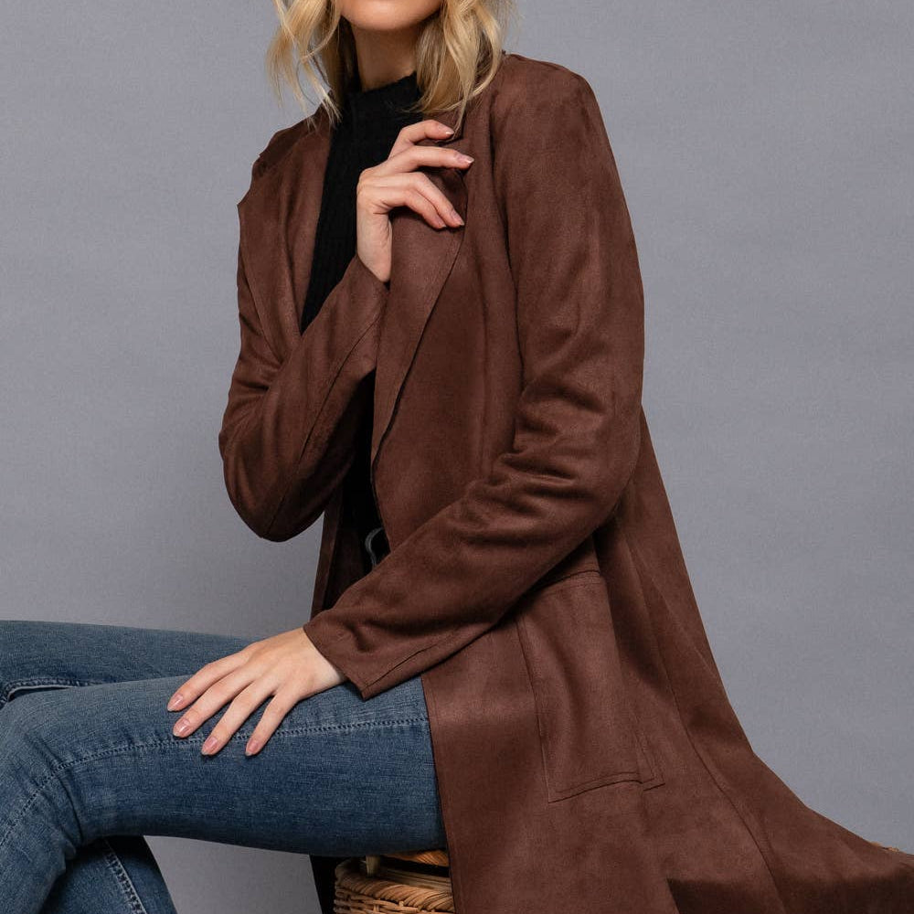 Long Sleeve Open Front Faux Suede Jacket-Coats-Krush Kandy, Women's Online Fashion Boutique Located in Phoenix, Arizona (Scottsdale Area)