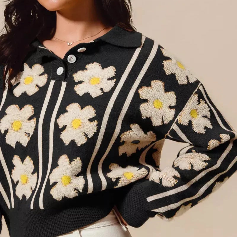 SO ME Floral Stripe Polo Collar Sweater-Sweater-Krush Kandy, Women's Online Fashion Boutique Located in Phoenix, Arizona (Scottsdale Area)