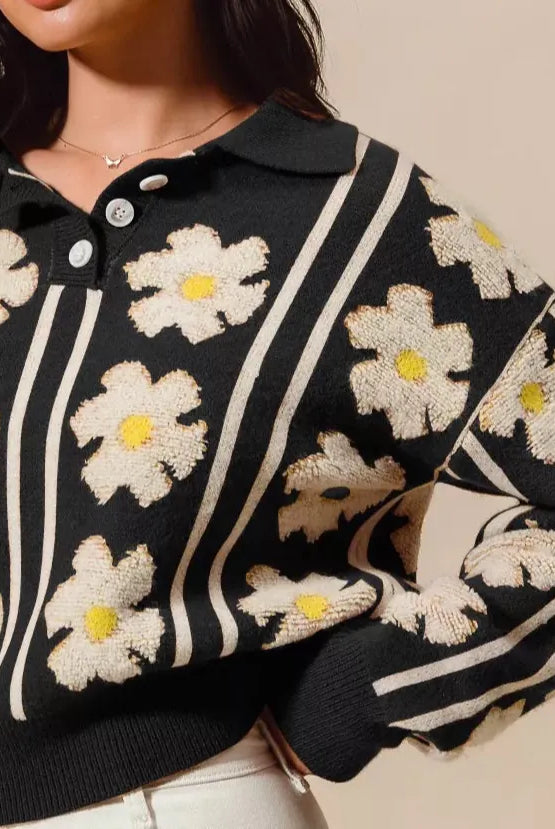 SO ME Floral Stripe Polo Collar Sweater-Sweater-Krush Kandy, Women's Online Fashion Boutique Located in Phoenix, Arizona (Scottsdale Area)