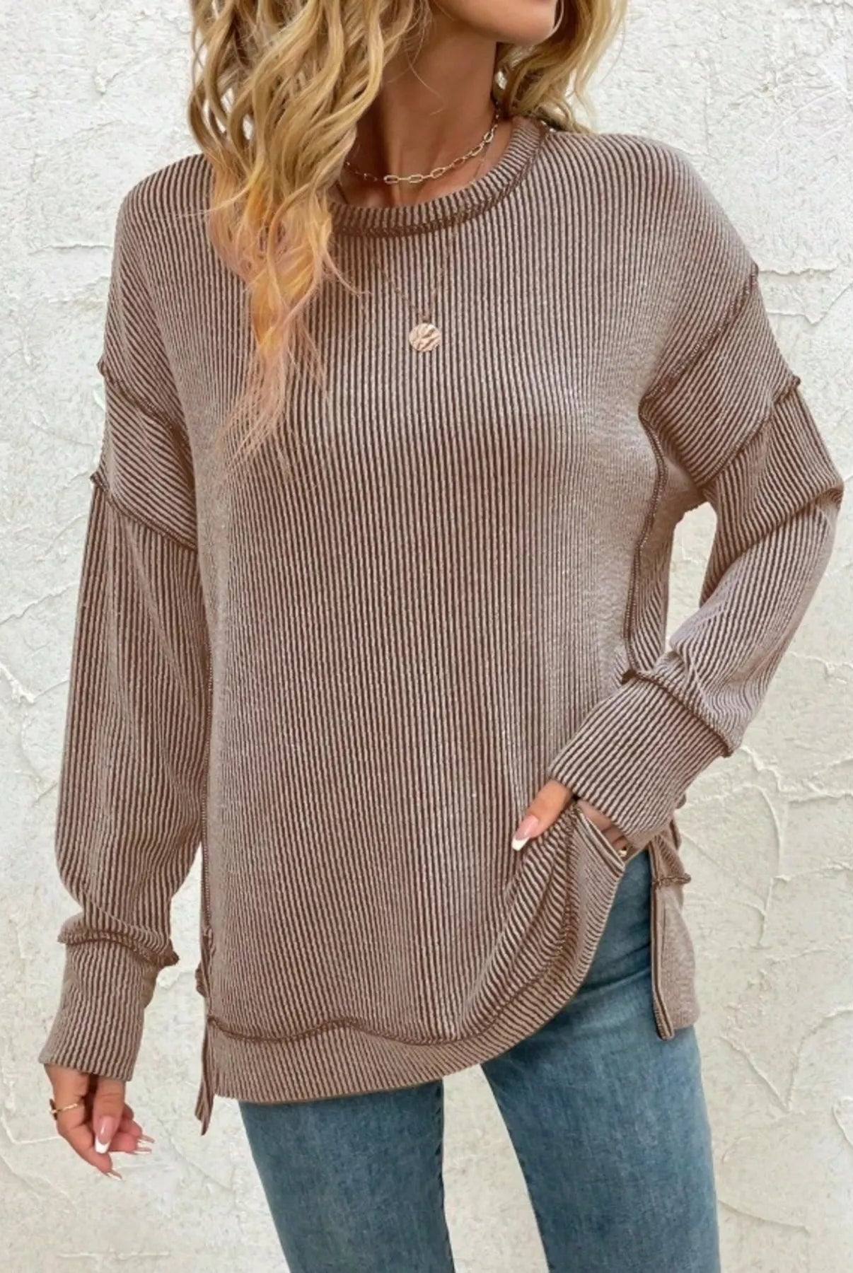 Side Slit Round Neck Dropped Shoulder Sweatshirt-Sweaters-Krush Kandy, Women's Online Fashion Boutique Located in Phoenix, Arizona (Scottsdale Area)