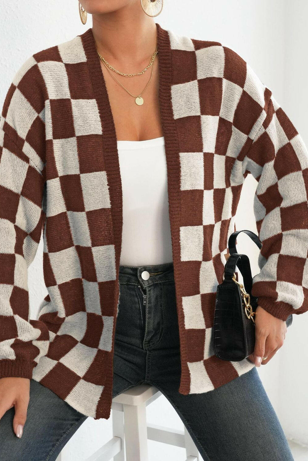 Checkered Open Front Long Sleeve Cardigan-Cardigans-Krush Kandy, Women's Online Fashion Boutique Located in Phoenix, Arizona (Scottsdale Area)
