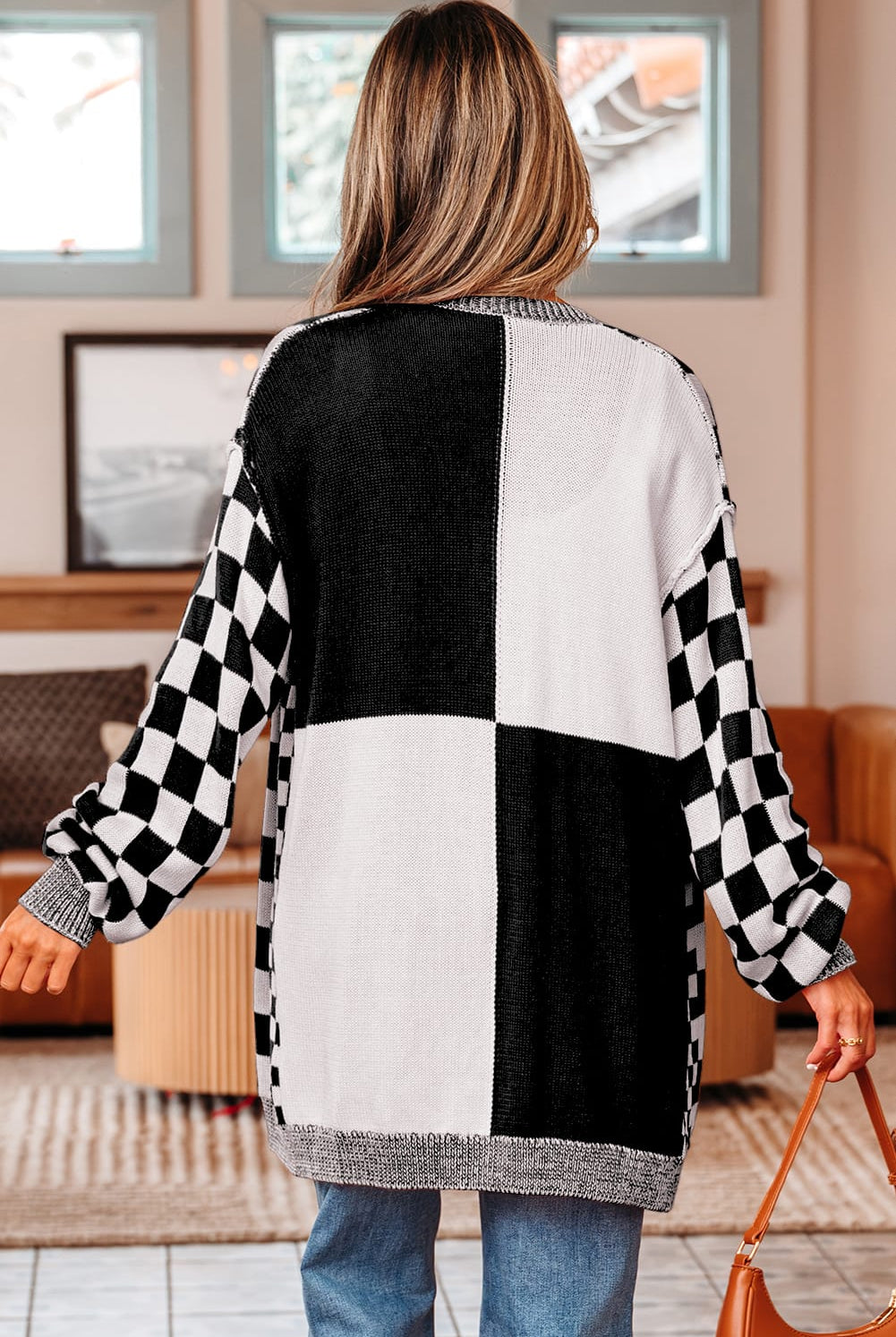 Black Checkered Colorblock Cardigan-Cardigans-Krush Kandy, Women's Online Fashion Boutique Located in Phoenix, Arizona (Scottsdale Area)