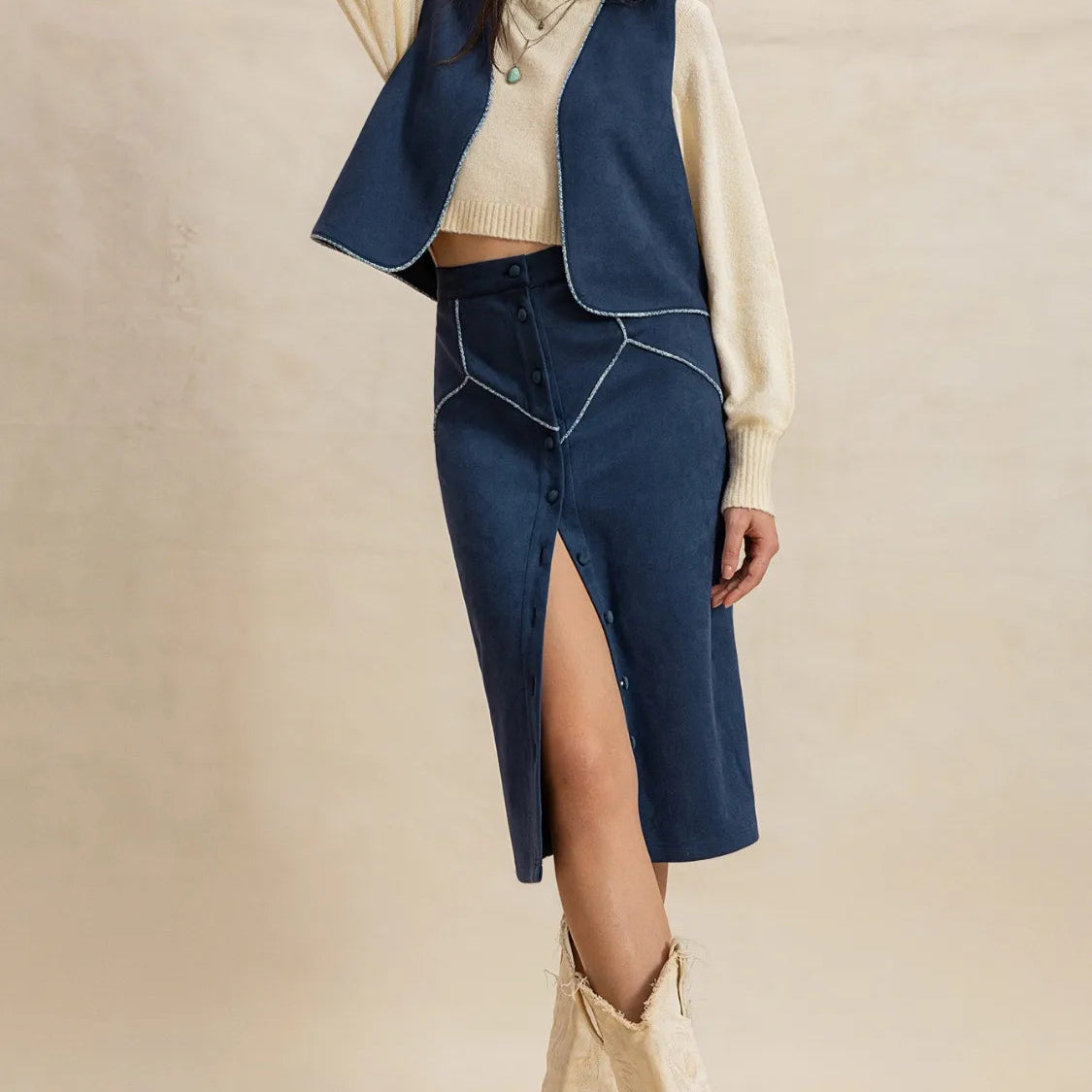 Open Front Vest and Buttoned Skirt Set-2 Piece Outfit Sets-Krush Kandy, Women's Online Fashion Boutique Located in Phoenix, Arizona (Scottsdale Area)