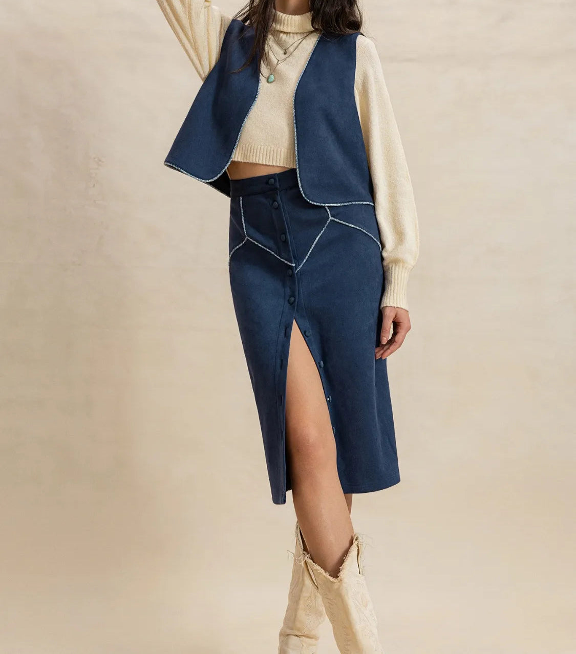 Open Front Vest and Buttoned Skirt Set-2 Piece Outfit Sets-Krush Kandy, Women's Online Fashion Boutique Located in Phoenix, Arizona (Scottsdale Area)