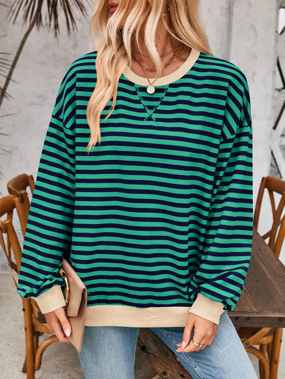 Lovelet Contrast Striped Long Sleeve Sweatshirt-Sweaters-Krush Kandy, Women's Online Fashion Boutique Located in Phoenix, Arizona (Scottsdale Area)