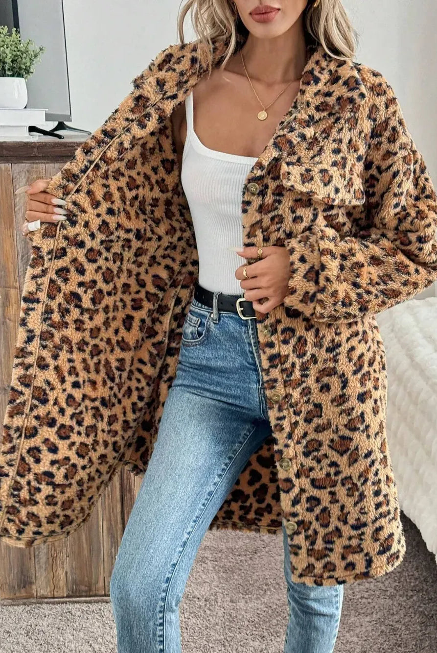 Leopard Button Up Long Sleeve Fuzzy Coat-Jacket-Krush Kandy, Women's Online Fashion Boutique Located in Phoenix, Arizona (Scottsdale Area)