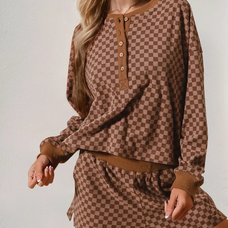 Double Take Checkered Half Button Top and Shorts Set-2 Piece Outfit Sets-Krush Kandy, Women's Online Fashion Boutique Located in Phoenix, Arizona (Scottsdale Area)